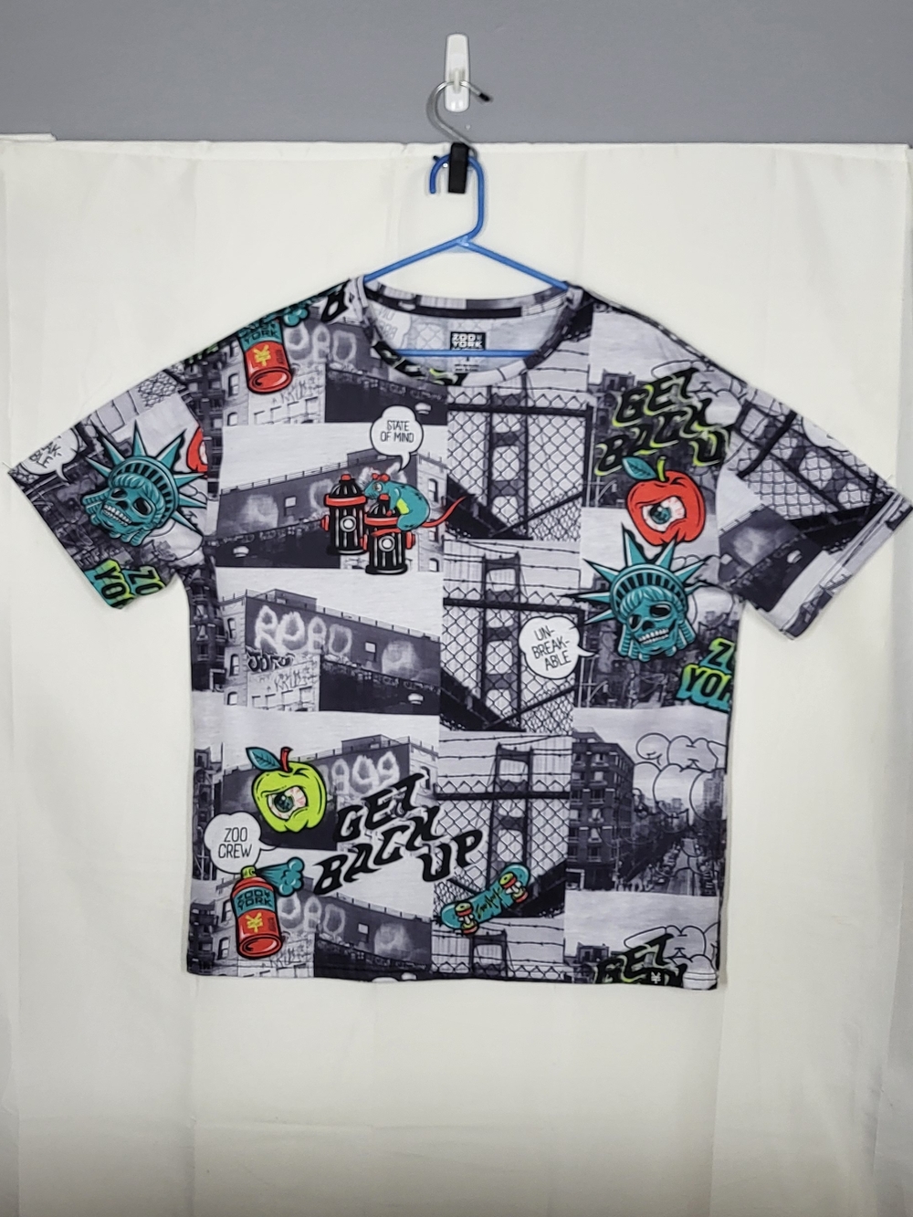 Zoo York Black Graphic City Collage Tee with Teal, Red, Green Comic Book Style
